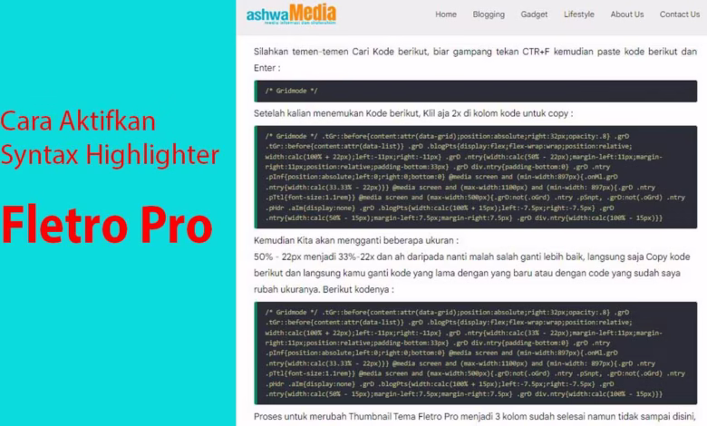 Cara mengaktifkan Syntax Highlighter untuk menulis Code pada Postingan Blogger - Fletro Pro Ashwamedia